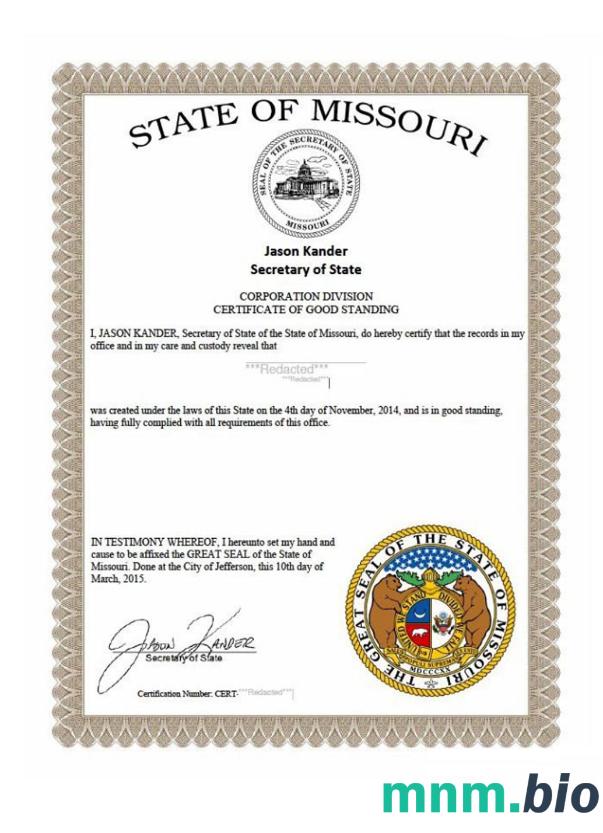 Certyfikat dobrej kondykacji USA Missouri